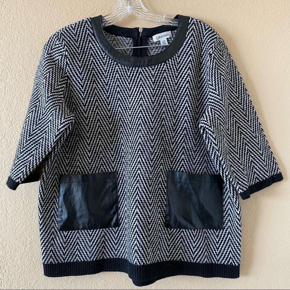 Calvin Klein Womens Black Zigzag  Lambswool Short Sleeve Sweater, size L